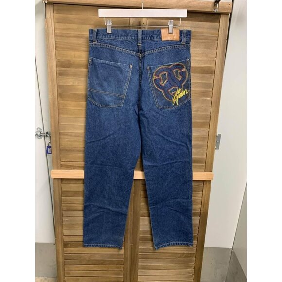 Gino Green Global Embroidered Denim Blue Jeans Y2K Grunge Street Skater Size 34